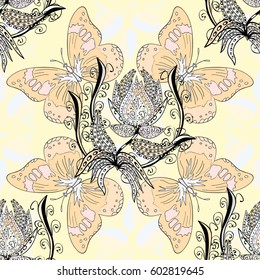 Oriental style arabesques. Blue background with white elements. White pattern. Seamless white textured curls.