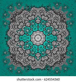 Oriental style arabesques. Blue background with white elements. Vector white pattern. White textured curls.