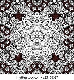Oriental style arabesques. Brilliant lace, stylized flowers, paisley. Vector. Seamless white texture curls. Seamless pattern on brown background with white elements. Openwork delicate white pattern.