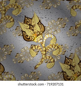 Oriental style arabesques. Brilliant lace, stylized flowers, paisley. Golden texture curls. Openwork delicate golden pattern. Pattern on gray, yellow and brown colors with golden elements. Vector.