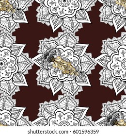 Oriental style arabesques. Brown background with golden elements. Vector illustration. Vector golden pattern. Seamless golden textured curls.