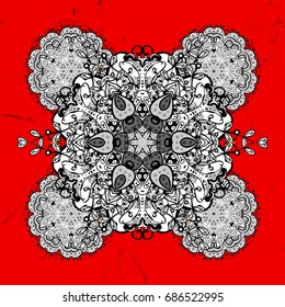 Oriental style arabesques. Colored pattern on red background with white elements. White textured curls.