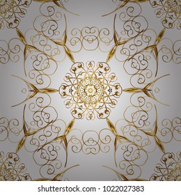 Oriental style arabesques golden pattern on a white and yellow colors with golden elements. Vector golden pattern. Seamless textured curls.