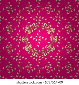 Oriental style arabesques golden pattern on a magenta, white and yellow colors with golden elements. Vector golden pattern. Seamless textured curls.