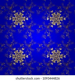 Oriental style arabesques golden pattern on a blue, brown and yellow colors with golden elements. Vector golden pattern. Seamless textured curls.