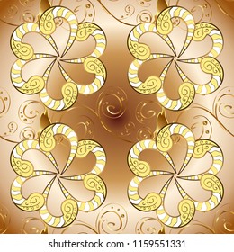 Oriental style arabesques golden pattern on a beige, brown and yellow colors with golden elements. Vector golden pattern. Seamless textured curls.
