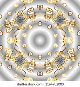 Oriental style arabesques golden pattern on a gray, neutral and white colors with golden elements. Vector golden pattern. Ornamental textured curls.