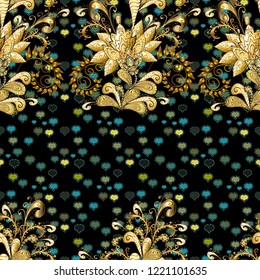 Oriental style arabesques golden pattern on a violet, brown and gray colors with golden elements. Vector golden pattern. Ornamental textured curls.