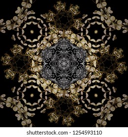 Oriental style arabesques golden pattern on a black and brown colors with golden elements. Seamless textured curls. Vector golden pattern.
