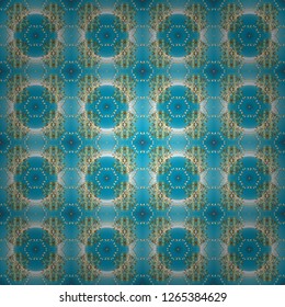 Oriental style arabesques golden pattern on a blue and neutral colors with golden elements. Seamless textured curls. Vector golden pattern.
