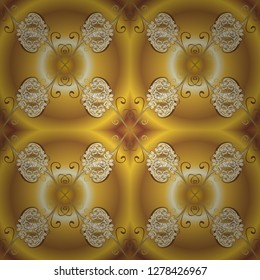 Oriental style arabesques golden pattern on a yellow and brown colors with golden elements. Seamless textured curls. Vector golden pattern.