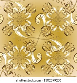 Oriental style arabesques golden pattern on a beige and yellow colors with golden elements. Vector golden pattern. Seamless textured curls.