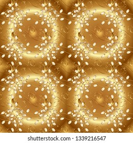 Oriental style arabesques golden pattern on a brown and beige colors with golden elements. Seamless textured curls. Vector golden pattern.