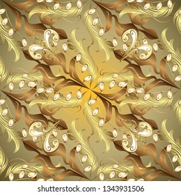 Oriental style arabesques golden pattern on a neutral and brown colors with golden elements. Vector golden pattern. Seamless textured curls.