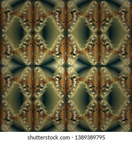 Oriental style arabesques golden pattern on a green and brown colors with golden elements. Seamless textured curls. Vector golden pattern.