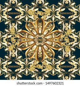 Oriental style arabesques golden pattern on a brown, beige and blue colors with golden elements. Seamless textured curls. Vector golden pattern.
