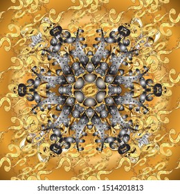 Oriental style arabesques golden pattern on a yellow and gray colors with golden elements. Seamless textured curls. Vector golden pattern.