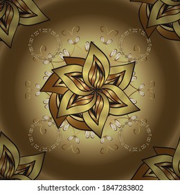 Oriental style arabesques golden pattern on a neutral, beige and brown colors with golden elements. Seamless textured curls. Vector golden pattern.