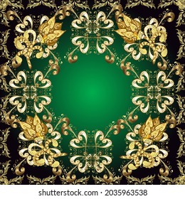 Modalidades de oro arabescos de estilo oriental en tonos negros, verdes y marrones con elementos dorados. Patrón dorado vectorial. Curls sin textura.