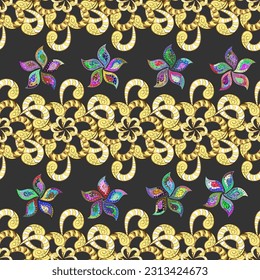Oriental style arabesques golden pattern on a yellow, gray and brown colors with golden elements. Vector golden pattern. Seamless textured curls. Dark. Yellow. Colorful flowers.