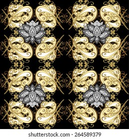 Oriental style arabesques. Golden pattern on black colors with with white doodles. Seamless golden textured curls. Vector golden pattern.