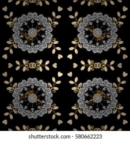 Oriental style arabesques. Golden pattern on black background with with white doodles. Vector golden pattern. Seamless golden textured curls.