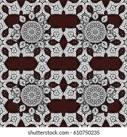 Oriental style arabesques. Golden pattern on brown background with with white doodles. Vector golden pattern. Seamless golden textured curls.