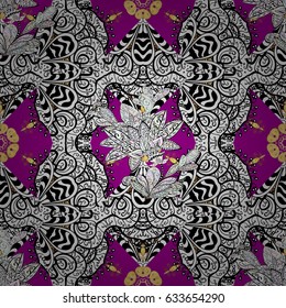 Oriental style arabesques. Golden pattern on magenta background with with white doodles. Vector golden pattern. Seamless golden textured curls.