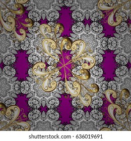 Oriental style arabesques. Golden pattern on magenta background with with white doodles. Vector golden pattern. Seamless golden textured curls.