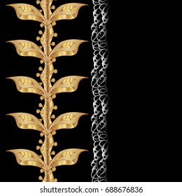 Oriental style arabesques golden pattern on a black background with golden elements. Vector golden pattern. Seamless textured curls.
