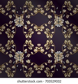 Oriental style arabesques golden pattern on a lilac and purple background with golden elements. Vector golden pattern. Textured curls.