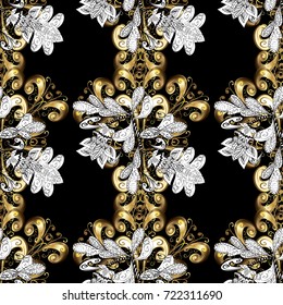 Oriental style arabesques. Golden pattern on black, white and brown colors with with white doodles. Vector golden pattern. Seamless golden textured curls.