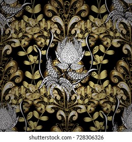 Oriental style arabesques. Golden pattern on black, white and yellow colors with with white doodles. Vector golden pattern. Seamless golden textured curls.