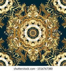Oriental style arabesques. Golden textured curls. Pattern on blue and brown colors with golden elements. Vector golden pattern.