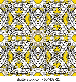 Oriental style arabesques. Golden textured curls. Yellow background with golden elements. Vector golden pattern.