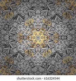 Oriental style arabesques. Gray background with golden elements. Seamless golden textured curls. Vector illustration. Vector golden pattern.
