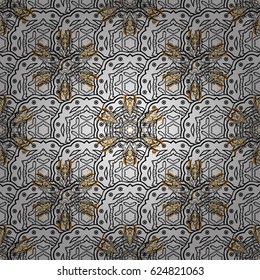 Oriental style arabesques. Gray background with golden elements. Vector golden pattern. Seamless golden textured curls. Vector illustration.