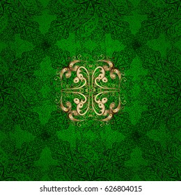 Oriental style arabesques. Green background with golden elements. Vector golden pattern. Golden textured curls.