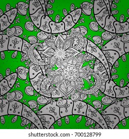 Oriental style arabesques. Green roughness textured curls. Green background with white elements. Vector white pattern.