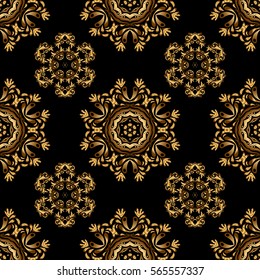 Oriental style arabesques on a black backdrop. Openwork weaving delicate, golden background. Vector brilliant lace, stylized flowers, paisley. Seamless pattern of golden textured curls.