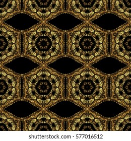 Oriental style arabesques on a black backdrop. Openwork weaving delicate, golden background. Vector brilliant lace, stylized flowers, paisley. Seamless pattern of golden textured curls.