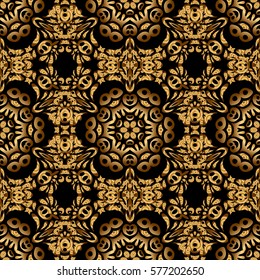 Oriental style arabesques on a black backdrop. Vector brilliant lace, stylized flowers, paisley. Seamless pattern of golden textured curls. Openwork weaving delicate, golden background.
