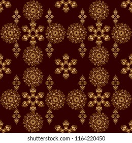 Oriental style arabesques on a brown backdrop. Seamless pattern of golden textured curls. Vector brilliant lace, stylized flowers, paisley. Openwork weaving delicate, golden background.