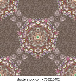 Oriental style arabesques on brown backdrop. Openwork weaving delicate, abstract background. Vector brilliant lace, stylized flowers, paisley. Seamless pattern of pink, violet and brown textured curls