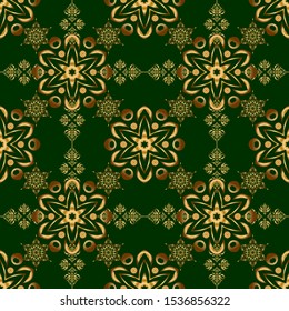 Oriental style arabesques on colored backdrop. Openwork weaving delicate, abstract background. Seamless pattern of green and golden textured curls. Vector brilliant lace, stylized flowers, paisley.
