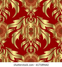 Oriental style arabesques on a red backdrop. Openwork weaving delicate, golden background. Vector brilliant lace, stylized flowers, paisley. Seamless pattern of golden textured curls.