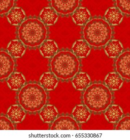 Oriental style arabesques on a red backdrop. Seamless pattern of golden textured curls. Openwork weaving delicate, golden background. Vector brilliant lace, stylized flowers, paisley.