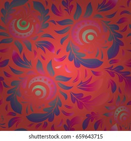 Oriental style arabesques on a red backdrop. Openwork weaving delicate, abstract background. Vector brilliant lace, stylized flowers, paisley. Seamless pattern of green, yellow and pink textured curls