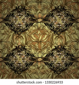 Oriental style arabesques. Openwork delicate golden pattern. Brilliant lace, stylized flowers, paisley. Vector. Seamless pattern on yellow colors with golden elements. Seamless golden texture curls.