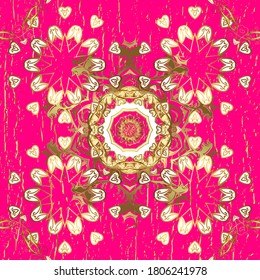 Oriental style arabesques. Openwork delicate golden pattern. Seamless golden texture curls. Brilliant lace, stylized flowers, paisley. Vector. Seamless pattern on magenta colors with golden elements.
